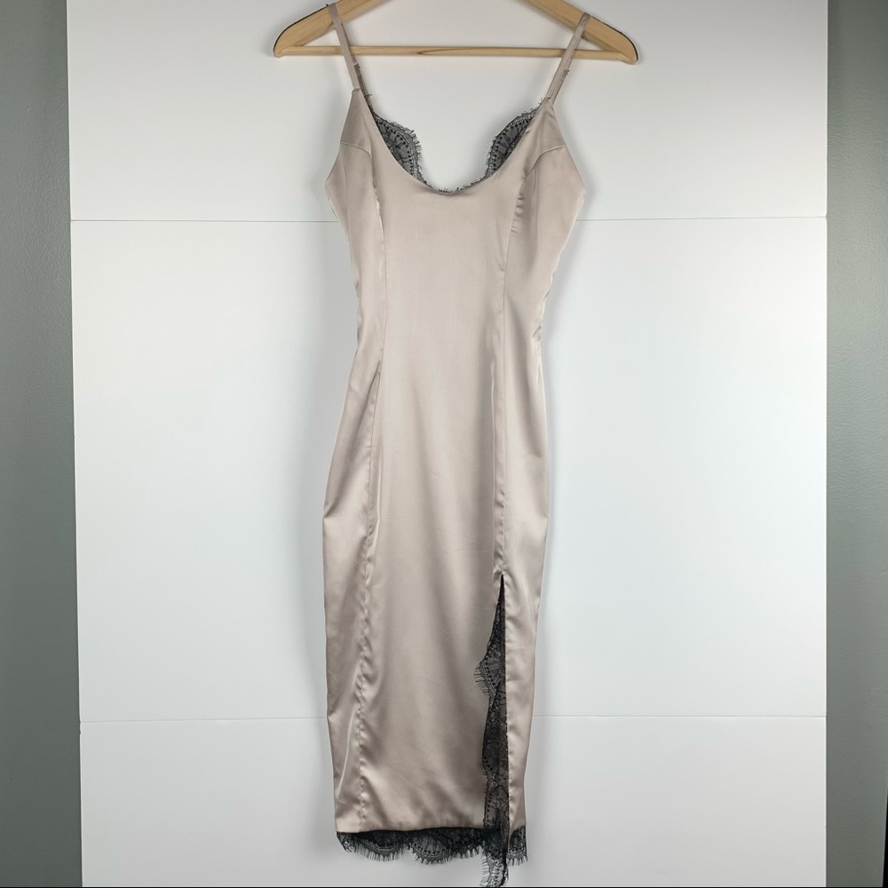 Oh Polly Beige Satin Slip Dress with Black Lace Trim